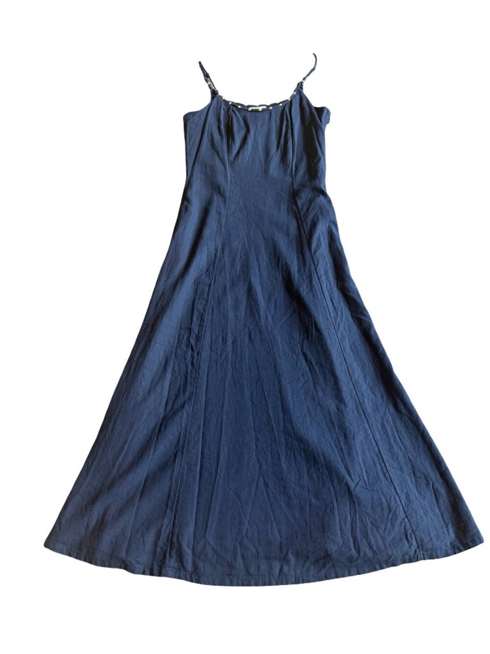 Calypso St. Barth Navy Maxi Dress Gold Neck Bead Detail Linen Pockets Large NWT